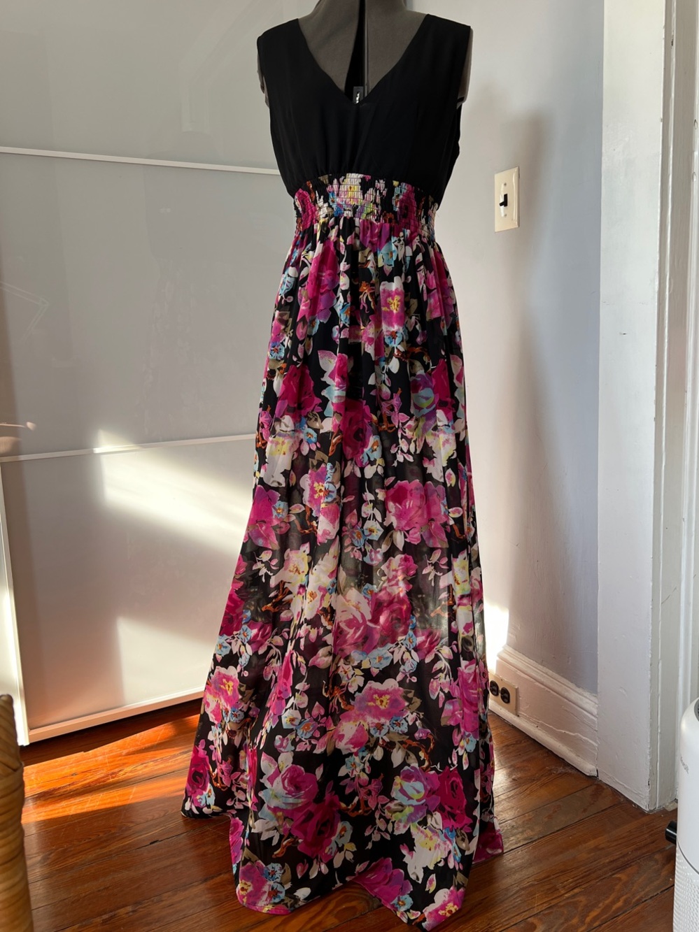 Black & Pink Floral Maxi Dress with Smocked Waist